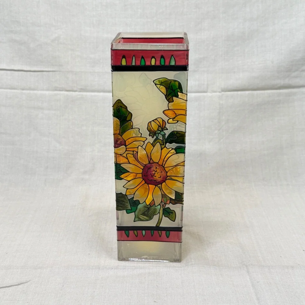 Vintage Hand Painted Sunflower Stained Glass Fireplace Match Holder Cottage